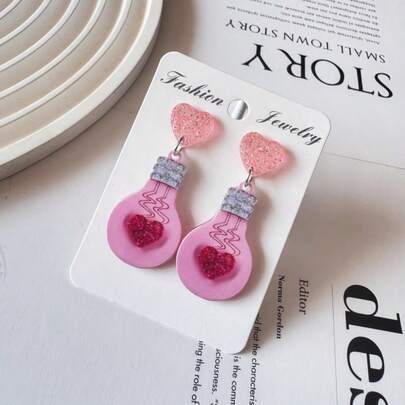 1 Pair Pink Lightbulb Heart Pendant Earrings, Acrylic Heart And Electrocardiogram Pattern Design, Essential Romantic Jewelry For Women, Perfect Gift For Valentine's Day And New Year