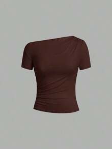 Camiseta de punto elástica de unicolor con hombro asimétrico y manga corta fruncida, multicolor, estilo carnavalesco, elegante para primavera/verano para mujeres - Multicolor 7 - Ver 3