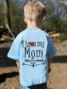 Young Boy-"MY Love Mom" Letter Print T-Shirt, Comfortable Fabric, Suitable For Outdoor, Daily, Campus Wear, Spring/Summer Versatile Top - Baby Blue - View 4