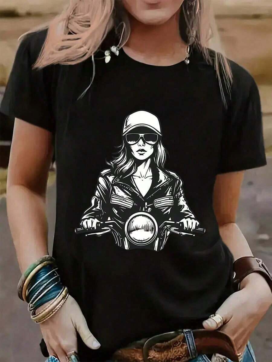 Camiseta para mujer, ropa de talla para mujer,% algodón, camisetas con estampado gráfico, conjuntos de verano para mujer, camiseta de manga corta con estampado de chica motociclista negra, camisetas para damas, ropa de calle, tops de verano, conjuntos de vacaciones, ropa de verano para mujer, conjuntos de primavera/verano para mujer, ropa casual para uso diario. - Negro - Ver 1