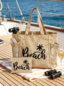 海灘主題帆布托特包，女款大容量夏季海灘包，印有「BEACH」字母藝術圖案，附拉鍊小袋，輕巧耐用可重複使用，內含內袋與網袋，適合海灘度假、旅行、野餐、上學及其他日常使用 - 彩色 - 查看 6