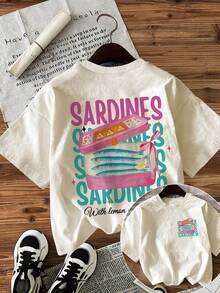 Top Casual de Primavera/Verano para Mujer, Estilo Fresco, Estampado de Sardinas, Limones y Aceite de Oliva, Camiseta Corta de Moda con Cuello Redondo - Albaricoque - Ver 12