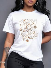 Mapa dorado de una isla mágica con rutas de tesoros piratas estrellas y criaturas fantásticas que evocan aventura y libertad camiseta de mujer casual moderna y cómoda - Blanco - Ver 6