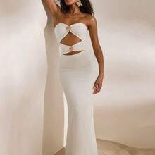 Solid Color Knit Fitted Strapless Hollow Out Fish Tail Dress For Ladies, Resort Wear,Vacation Style,Knitted,Bohemia Beach Vacation Outfits,Boho Chic,Holiday Festival Outfits,Beach Outfits For Woman,Graduation Outfit,Birthday Outfits For Women,Beach Essentials,Airport Outfit For Women, Women,Club Outfit, Country Outfits Women, Tea Party Dress, Birthday Dress, Boho Clothes Women, Suitable For Vacation, Beach , Music Festival , Brunch , Wedding Guest Attire, Bridesmaid ,Going Out, Concert, Party, C - Rosa Pálido - Ver 7