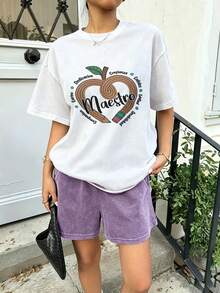 Camiseta de moda femenina de verano de manga corta camiseta de moda casual al aire libre 'love' estampado camiseta casual femenina con patrón relajado - Blanco - Ver 2