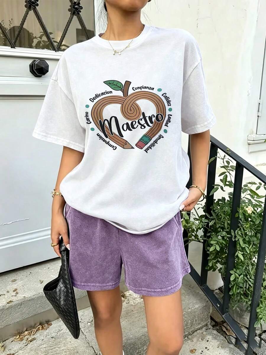 Women's Summer Fashion Short Sleeve T-Shirt Casual Outdoor Fashion 'love' Print Casual Women's T-Shirt With Relaxed Pattern - 白色 - 查看 1