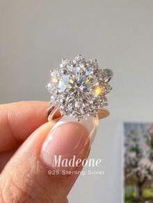 MADEONE 1件經典圓形花朵戒指，鑲嵌鋯石，適合作為訂婚禮物或節日禮物，珠寶禮品 - 花形鑽石戒指 - 查看 3