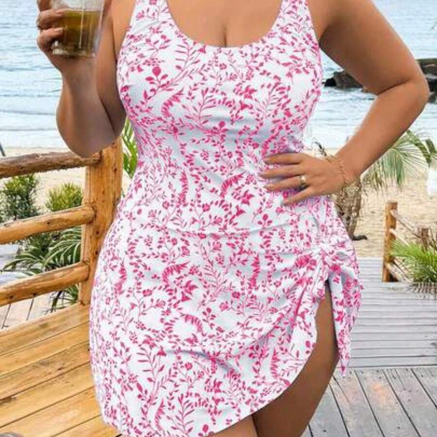 Swim Lushore Plus Size Women's Leaf Print Adjustable Strap Round Neck One-Piece Swimsuit With Triangle Bottoms, Elegant Sexy Casual Beach Vacation Outfit For Summer - Multicolor - Ver 1