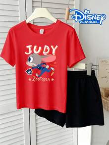 100% Cotton Disney Licensed Girls Judy Hopps Set - Bold Print Short Sleeve T-Shirt & Elastic Shorts For Kids,Daily Casual Wear, Minimalist Commute Style, Apparel For Teenage & Older Girls, Girls Short-Sleeve Set, Kids Two-Piece Outfit - 紅色 - 查看 9
