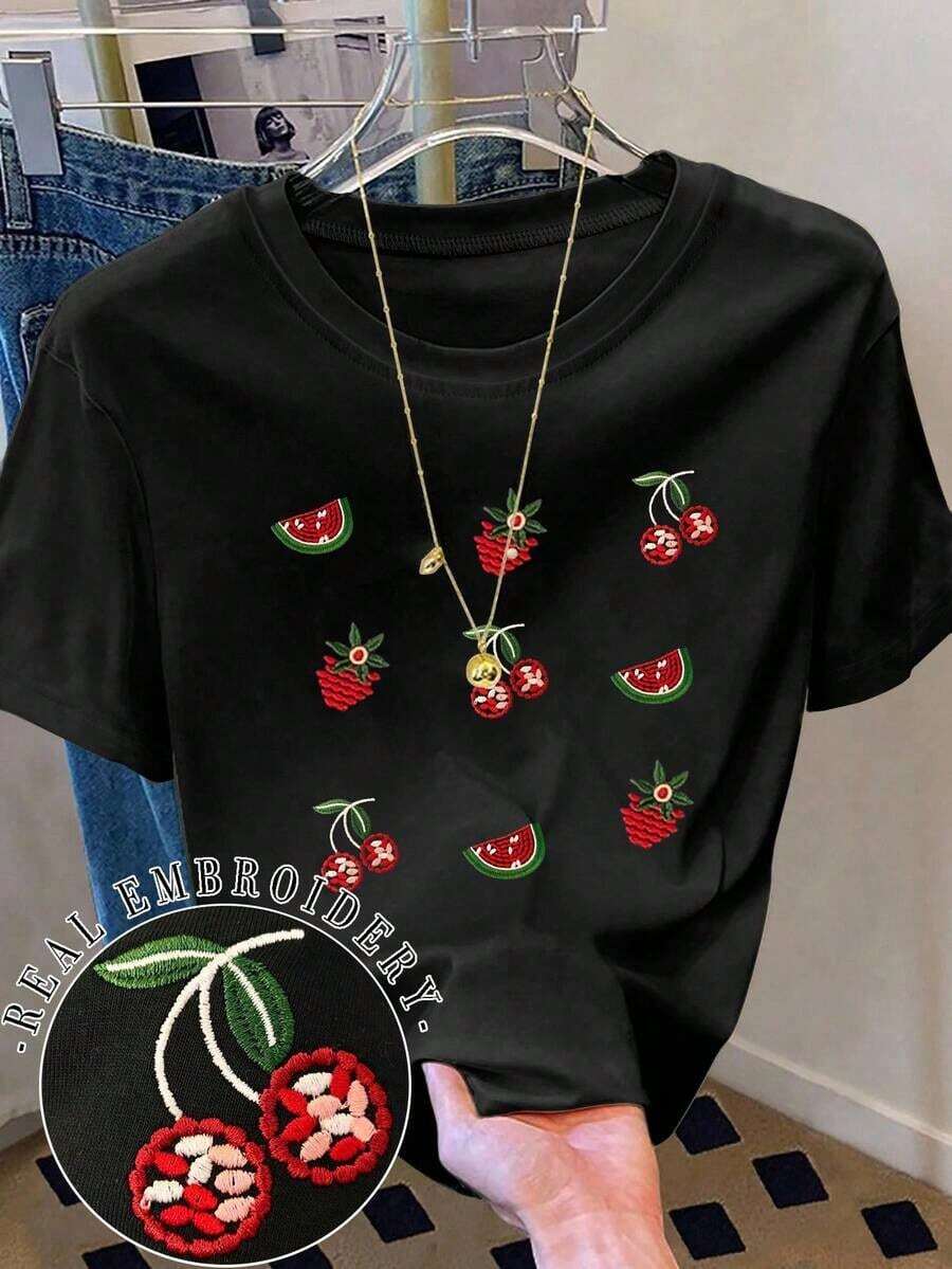 Camiseta casual de mujer con cuello redondo y hombros caídos, camiseta bordada con fresa, camiseta bordada con cereza, camiseta bordada con sandía, camiseta bordada con fresa, cereza, sandía, camiseta casual y cómoda para exteriores, camiseta para todas las estaciones, camiseta con frutas, camiseta bordada - Negro - Ver 1
