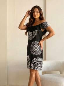 KIARA BRAZIL Vestido Ombro a Ombro com Babados Estampa Mandala-#100712 - Preto - Visão 2