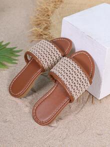 Delicate Hollow Mesh Strap Sandals, Girl's Summer Outdoor Flat Breathable Beach Slippers, Versatile - Brown - View 1