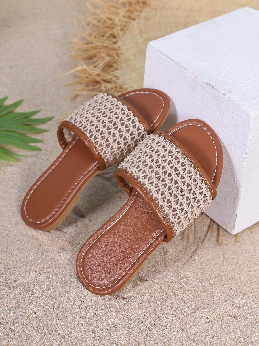 Delicate Hollow Mesh Strap Sandals, Girl's Summer Outdoor Flat Breathable Beach Slippers, Versatile - Brown - View 1