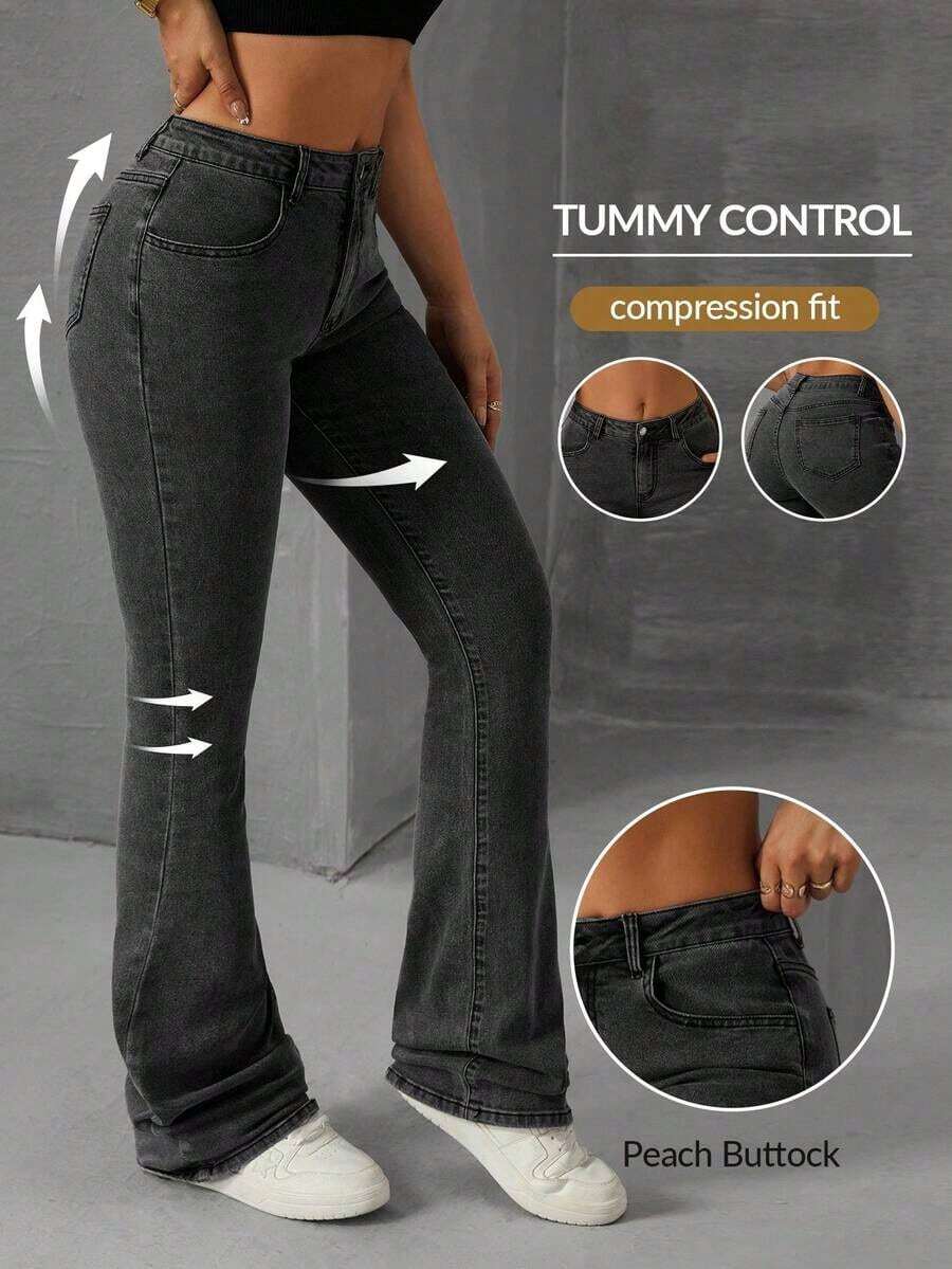 Women's Casual Pocketed Mid-Waist Skinny Flare Jeans - Gris - Ver 1