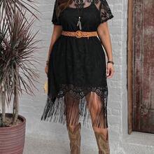 LUNE Plus Size Lace Fringe Hem Vacation Dress For Summer,Beach Dress Sundress,Holiday Outfits Boho - Negro - Ver 8
