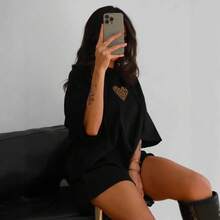 Camiseta holgada de manga corta para mujer, estilo casual de verano con cuello redondo, para el sudeste asiático. - Negro - Ver 5