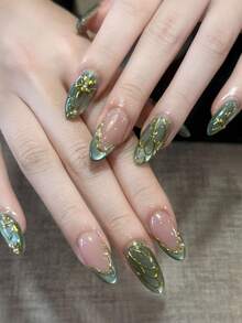 24 Peças Unhas Falsas Amendoada Média com Textura de Concha de Linha Dourada, Olho de Gato de Pérola na Cor Dopamina Verde Minimalista, Adequado para Primavera, Outono, Trabalho, Diário, Festa, Casamento, Acompanha Gel de Gelatina e Lixa, Suprimentos de Arte de Unhas Destacáveis e Reutilizáveis - Verde Escuro - Visão 7