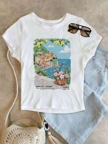 Camiseta de manga corta para mujer con estampado de eslogan, cuello redondo, estilo casual y versátil, para el tiempo libre. - Blanco 7 - Ver 3