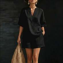 Women's Linen Blend Two-Piece Set With Half Placket Top And Elastic Waist Shorts - 綠色 - 查看 4