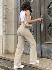 Jeans de cintura alta, unicolor, de corte y ajustado, de estilo minimalista y versátil para mujer, aptos para uso casual, viajes, citas, todas las estaciones, vuelta al colegio, Pascua, Día de la Independencia, Carnaval, Navidad, primavera - Albaricoque 2 - Ver 3
