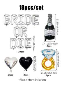 18件套婚礼派对装饰气球套装，包含16英寸银色“Bride Or Die”字母气球、黑银色心形气球和钻石戒指铝箔气球，适合用于表达坚定爱情、哥特式婚礼派对装饰、订婚派对、黑色系单身派对装饰、新娘送礼会、趣味单身派对、“Bride Or Die”主题婚礼订婚派对用品。 - 彩色 - 查看 7