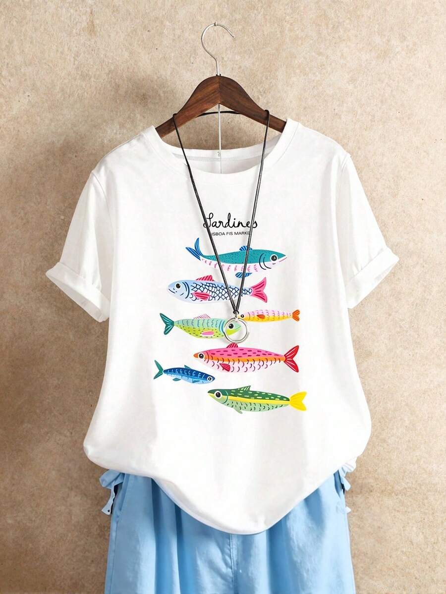 Áo thun nữ cổ tròn tay ngắn dáng regular fit in hình cá mòi đóng hộp, thích hợp mặc thường ngày vào mùa xuân và hè. - trắng - Xem 1