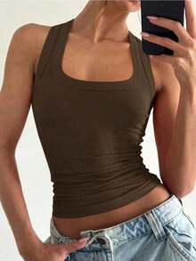 Camiseta sin mangas cuadrada Floreya para mujer, top casual de verano de ajuste ceñido sin mangas para capas, sencillo pero elegante, estilo deportivo, versátil para todas las estaciones en color blanco - Marrón - Ver 2