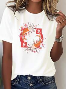 Camiseta de Mujer con Diseño Japonés: Peces Koi y Flores Cerezo - 100% Casual, Cuello Redondo Con Característicos Circulos Rojos en Japones, ¡Cómodara Todas las Estaciones! Lavable a máquina. Vibrante diseño rojo-naranja ipara looks temáticamente japonés - Blanco - Ver 2