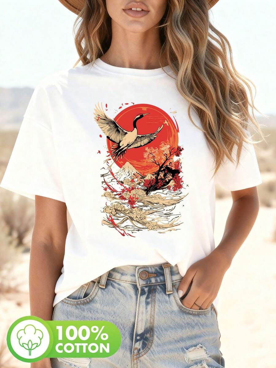 Camiseta con estampado de grulla japonesa y flor de cerezo de Japón, manga corta y cuello redondo, top casual para verano y primavera, ropa de mujer