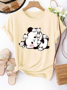 Women's Short Sleeve Crew Neck T-Shirt, Hugging Panda Family Print, Machine Washable, Spring/Summer T-Shirt, Fun Design, Comfortable Fit - Unisex Vintage Style Loose Fit Cotton Crew Neck Short Sleeve T-Shirt. - 杏色 - 查看 12