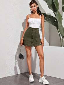 Falda midi vaquera informal, de moda y adecuada para uso diario - Verde militar - Ver 4