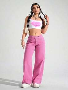 ICON Pantalones vaqueros de pierna ancha de unicolor, de bolsillo, informales y versátiles - Rosa Fucsia - Ver 4