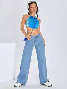 ICON Solid Color Wide Leg Pocket Jeans, Casual And Versatile - 中等水洗藍色 2 - 查看 9
