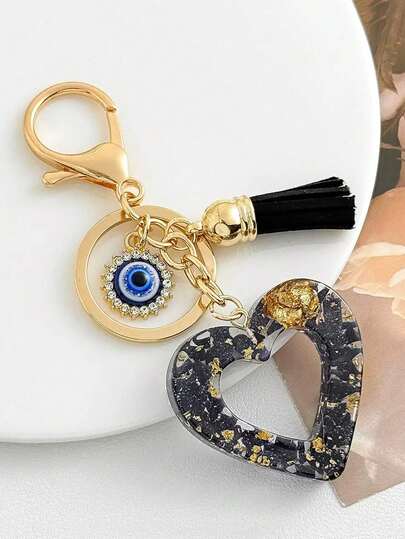 1pc Resin Epoxy Keychain With Tassel, Black Decorative Accessory, Gift For Friends And Mothers, Heart-Shaped Pendant