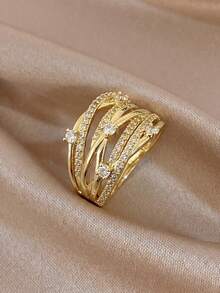 18K Gold Plated Multi-Layer Leaf Zirconia Stackable Ring Set, Fade-Resistant Adjustable Wide Open Ring, Elegant Women's Jewelry, Suitable For Daily Wear And Wedding - Multicolor - View 9