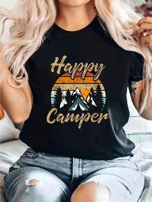 Happy Camper Women's T-Shirt With Vintage Outdoor Letter Print, Short Sleeves And Round Neck, Casual Top For Summer And Spring, Women's Clothing - 黑色 - 查看 6