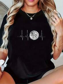 Casual Graphic T-Shirt Wo - Short Sleeve, Round Neck, Machine Washable, With Volleyball And ECG Heartbeat Print | Perfect For Spring And Summer, Volleyball T-Shirt - Urban Vintage Style, Unisex, Loose Cotton, Short Sleeve And Round Neck. - 黑色 - 查看 7