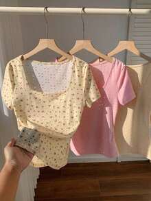 3 piezas de camisetas cortas básicas de cuello redondo y cortas para mujer en marrón café y blanco, ropa de otoño - Multicolor 2 - Ver 7