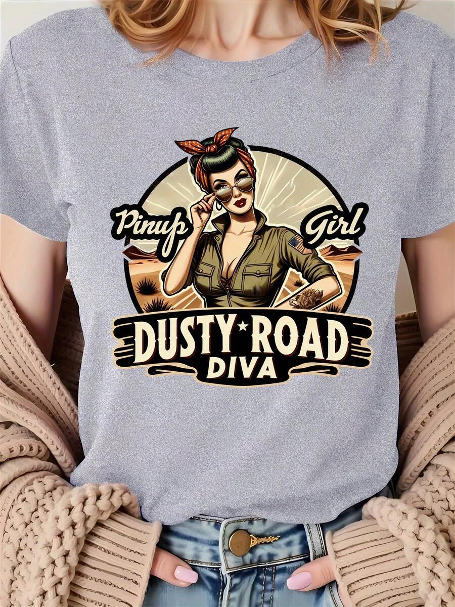 Highway Beauty: The Charm Of Vintage Women On The Dusty Highway - A Vibrant Sports T-Shirt For Women's Fashion And Leisure - Comfortable Short-Sleeved Crew Neck T-Shirt For All Seasons - 淺灰色 - 查看 1