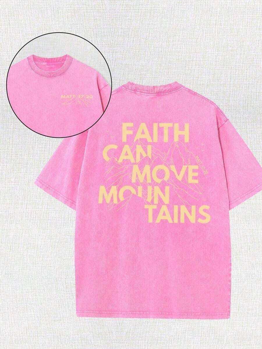 Belief Can Move Mountains, Letter Pattern Printing, High-Quality Washed-Shirts, Fashionable And Versatile-Shirts, Men's Outdoor Clothing. FZXI - Màu Hồng Tươi - Xem 1