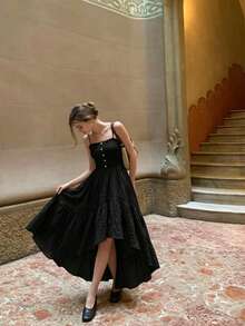 Nuevo vestido de tirantes elegante y vintage con recogido en la cintura, para primavera/verano - Negro - Ver 5