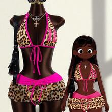 3pcs Women's Leopard Print Halter Swimsuit Set, Including Tie-Up Top, Triangle Bottoms, And Contrast Color Drawstring Mini Skirt - Multicolor - Ver 4
