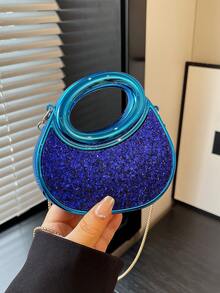 Túi xách mini acrylic mới, ví cầm tay thời trang, túi dự tiệc hình trăng lưỡi liềm cá nhân hóa với dây đeo xích. - Màu xanh lam - Xem 4