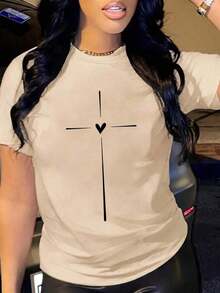 Camiseta blanca casual para mujer con mangas cortas, cuello redondo y estampado gráfico de corazón y cruz, de longitud regular, de poliéster con ligera elasticidad -- Camiseta casual de algodón puro de corte holgado. - Caqui - Ver 3