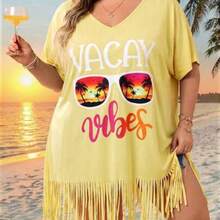 CURVE+ Curve Size US22Music Festival, Seaside Vacation, Bohemia Women's V-Neck Printed Loose Beach Cover-Up Top, Suitable For Summer Beach Vacation Plus Size Bathing Suits Women - Albaricoque - Ver 1