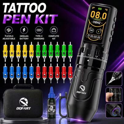 DQFART Tattoo Kit, 2400mAh Wireless Tattoo Machine With Normal/Start/Dotting 3 Working Modes, LED Digital Display, Includes 20pcs Professional Tattoo Needles (RL/RS/RM/M1) And 1 Bottle Of 30ml (1oz) Professional Tattoo Ink, Designed For Artists