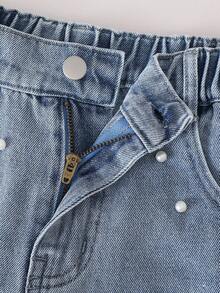 1 buah Celana Capri Denim Biru Muda Berhiaskan Rivet Gaya Jalanan untuk Remaja Putri, Musim Semi/Panas - Light Wash - View 6