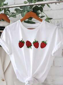 1 pieza de camiseta con estampado gráfico de letras y dibujos animados de fresa, manga corta, cuello redondo, estilo casual para verano y primavera, camiseta para mujer, 210g, 100% algodón, los diseños están completamente impresos. Unisexo. - Blanco - Ver 1