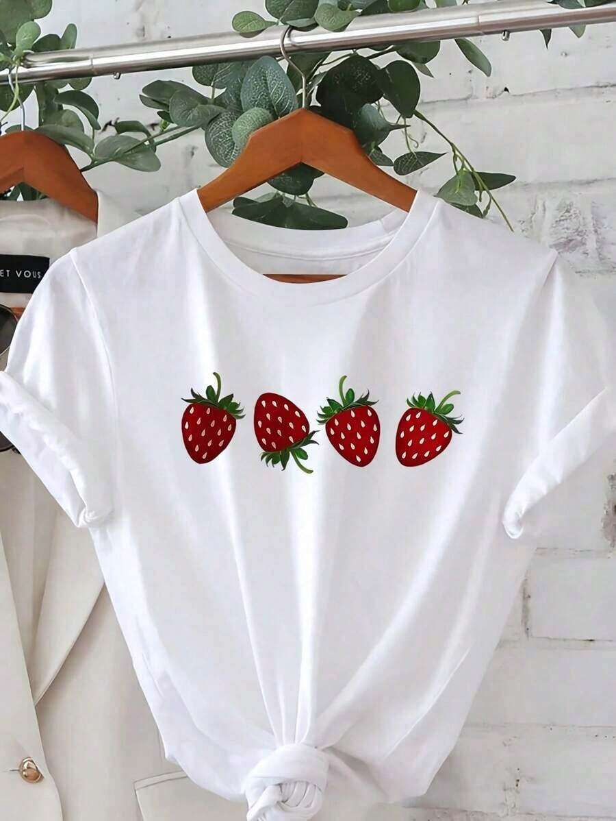 1 pieza de camiseta con estampado gráfico de letras y dibujos animados de fresa, manga corta, cuello redondo, estilo casual para verano y primavera, camiseta para mujer, 210g, 100% algodón, los diseños están completamente impresos. Unisexo. - Blanco - Ver 1