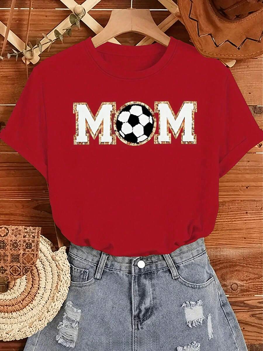 Women's Soccer Mom Pattern Printed T-Shirt - Casual Short Sleeve Crew Neck Top With Leopard Print Decoration, Mixed Gray Color, Machine Washable, Comfortable For Sporty Moms And Everyday Wear, Soft And Durable Fabric, Casual Wear, Comfortable Material, Everyday Basic T-Shirt - 紅色的 - 查看 1